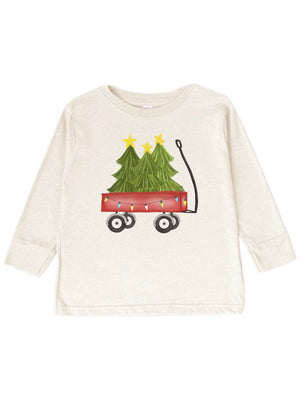 long sleeve natural kids t shirt with red wagon and Christmas trees