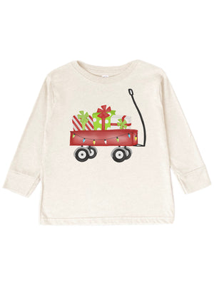 Long sleeve natural kids t-shirt with red wagon holiday gifts