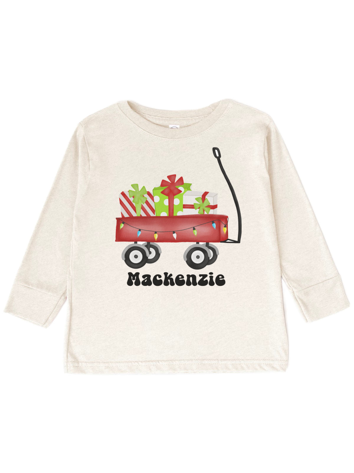 Personalized long sleeve natural kids shirt with red wagon Christmas lights and gifts