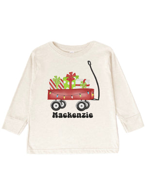 Personalized long sleeve natural kids shirt with red wagon Christmas lights and gifts