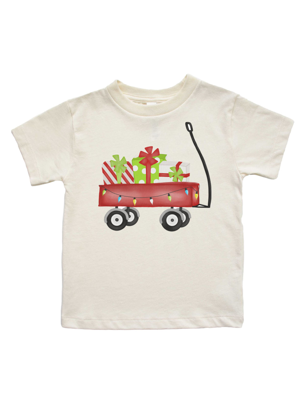 Short sleeve natural kids t-shirt with red wagon holding holiday gifts