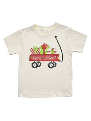 Short sleeve natural kids t-shirt with red wagon holding holiday gifts