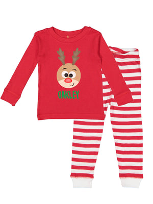 Kids personalized red top and stripe bottoms Christmas pajama set