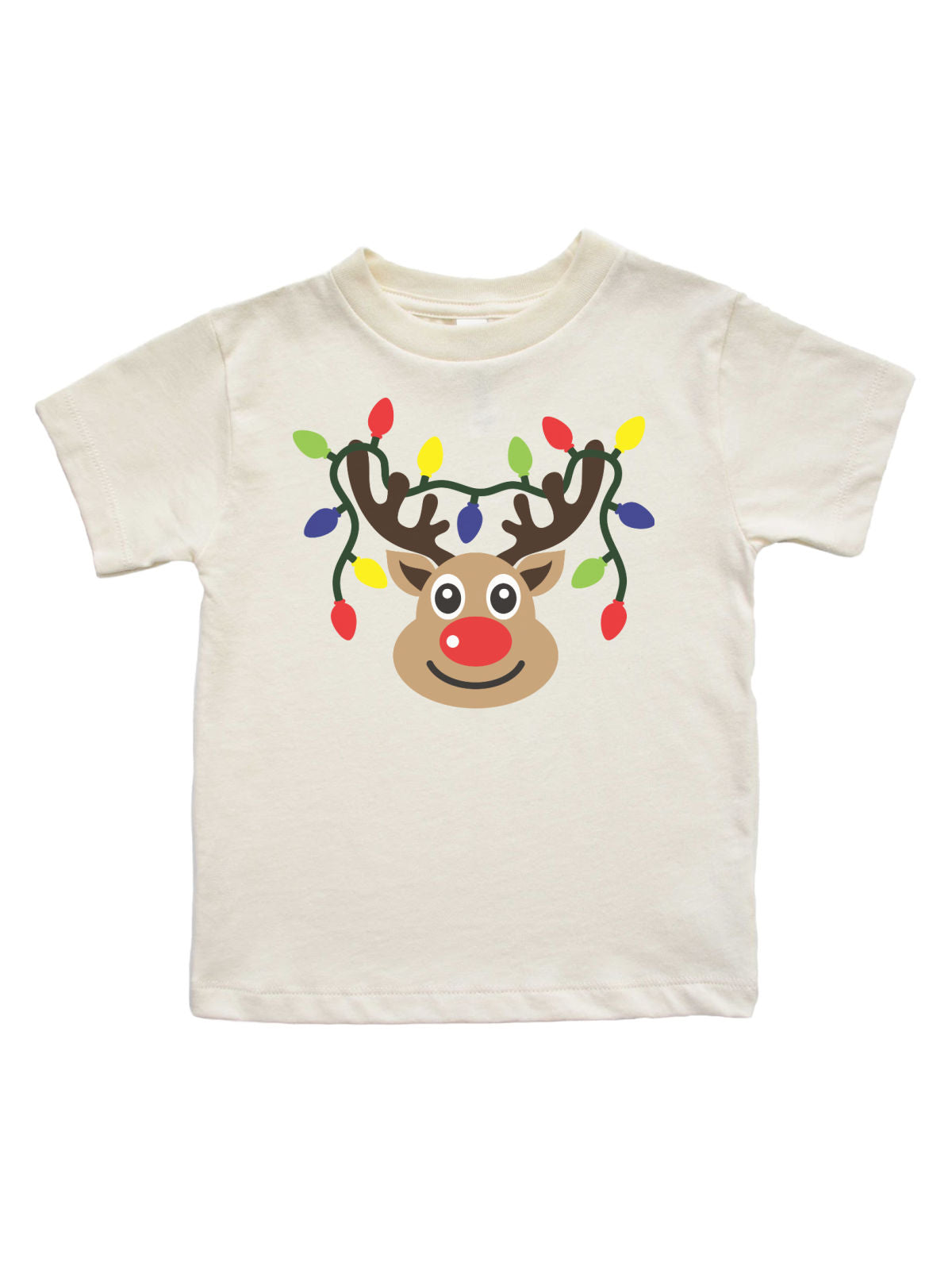 Long sleeve natural kids Christmas t-shirt with reindeer in Christmas lights