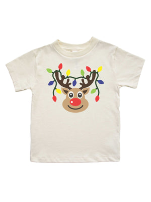 Short sleeve kids natural t-shirt with reindeer in string lights