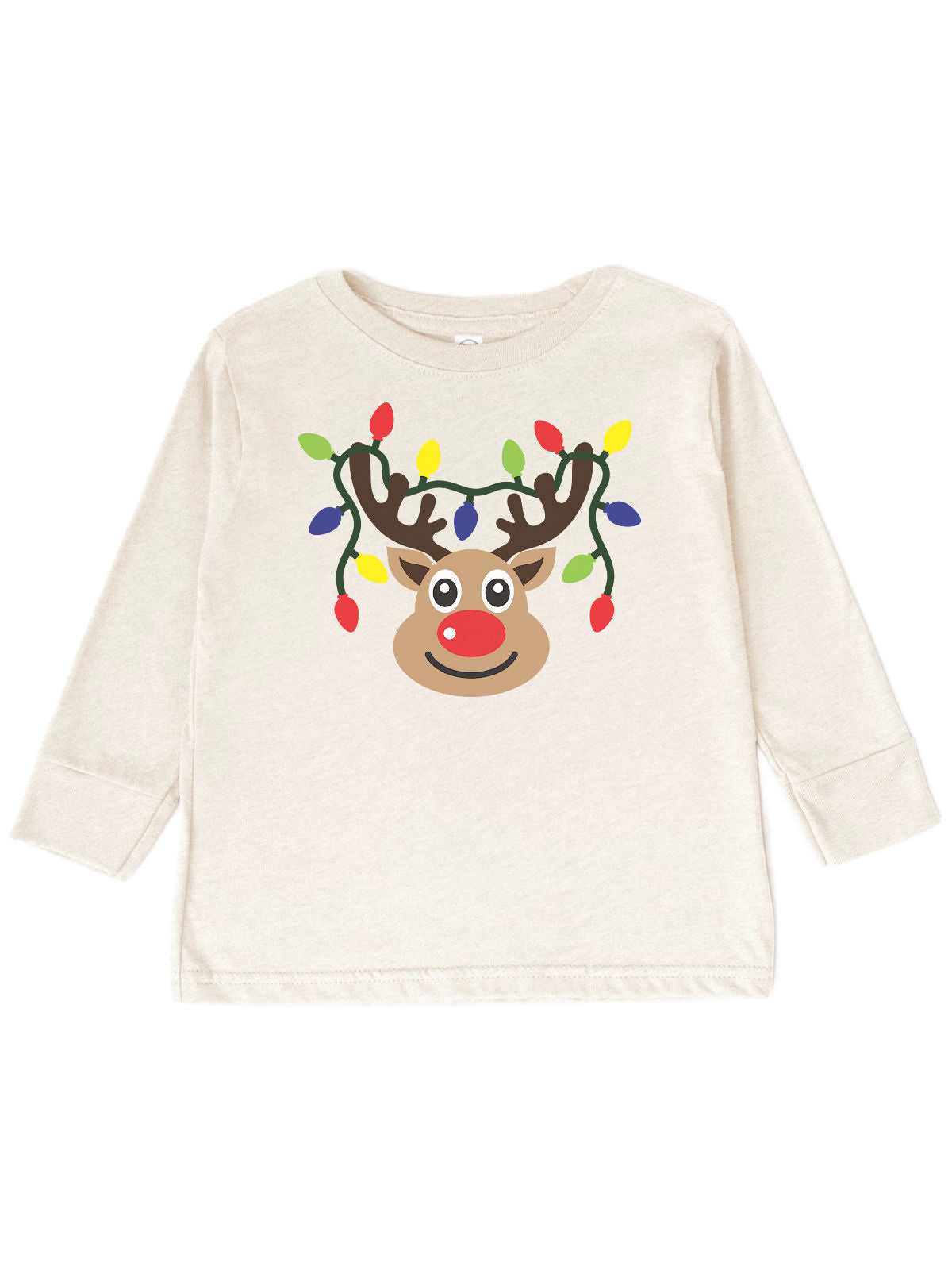 Long sleeve natural kids t-shirt with reindeer in Christmas lights