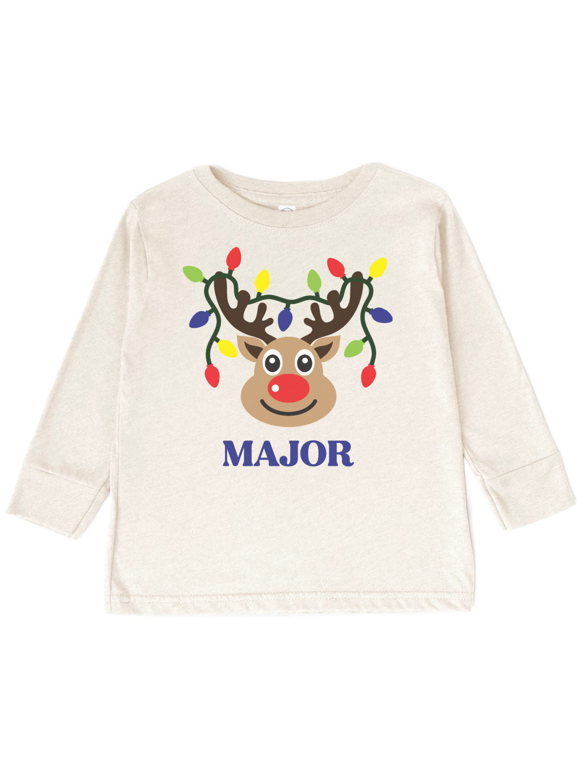 Long sleeve natural kids Christmas t-shirt with reindeer in Christmas lights