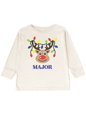 Long sleeve natural kids Christmas t-shirt with reindeer in Christmas lights