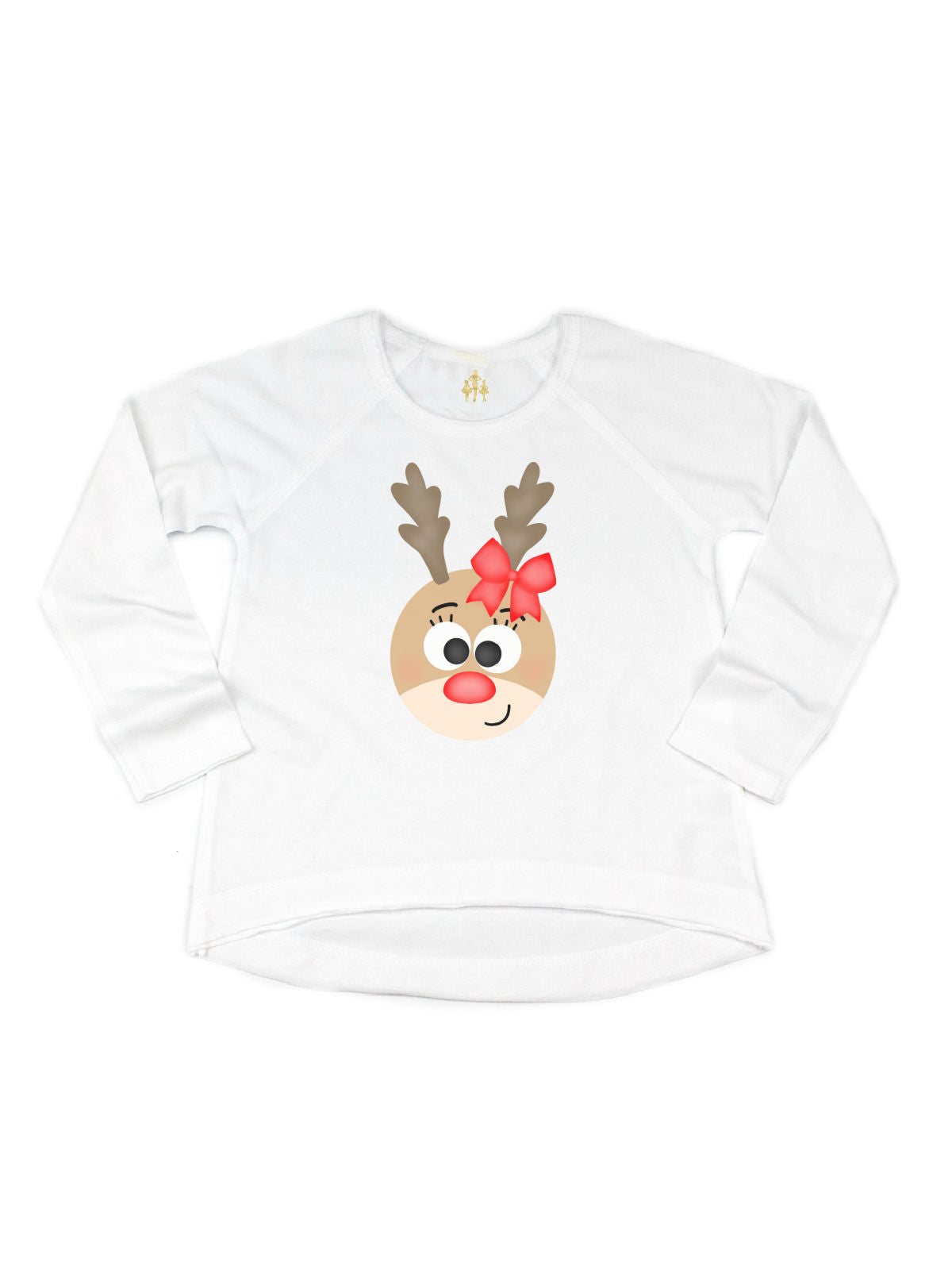 Long sleeve white girls reindeer face Christmas shirt with name