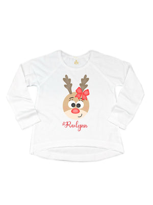 Long sleeve white girls reindeer face Christmas shirt with name