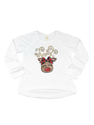 Long sleeve white reindeer face girls Christmas t-shirt