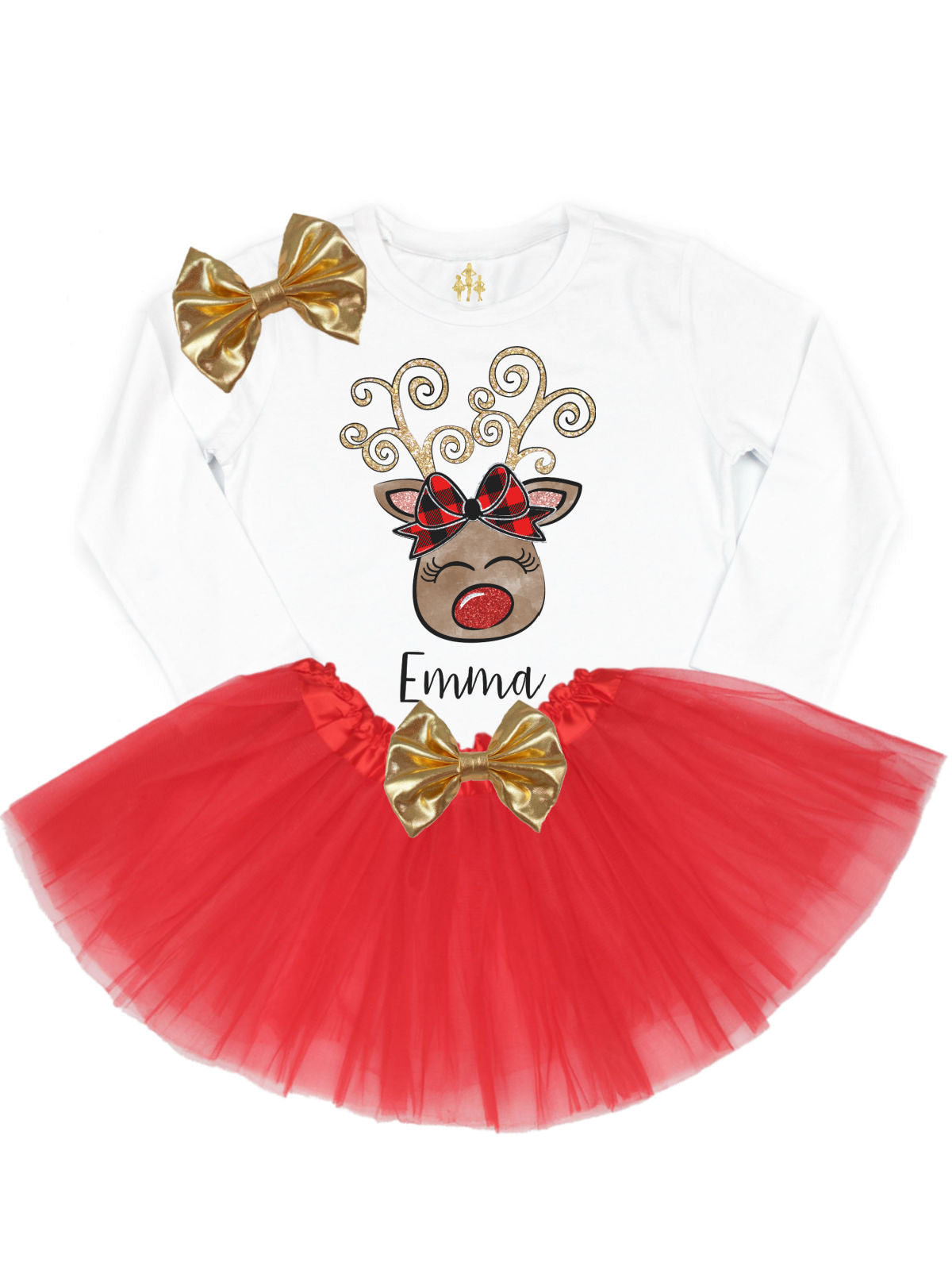 Long sleeve three piece girls Christmas tutu outfit with gold hair bow