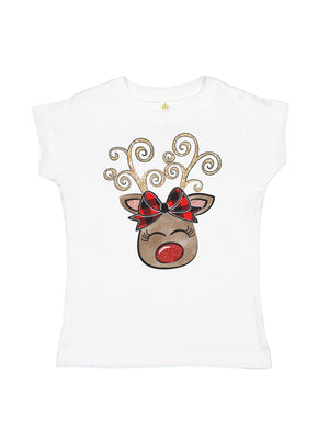 Short sleeve white girls Reindeer face Christmas t-shirt