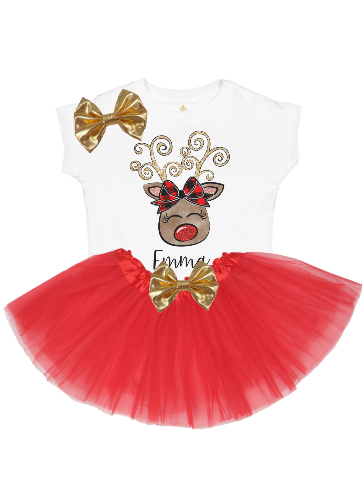 Long sleeve three piece girls Christmas tutu outfit with gold hair bow