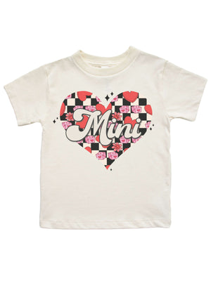 Retro Checkered Mini kids' natural cotton t-shirt featuring a heart design with red hearts, pink dice, and flowers, perfect for Valentine's Day or matching outfits.