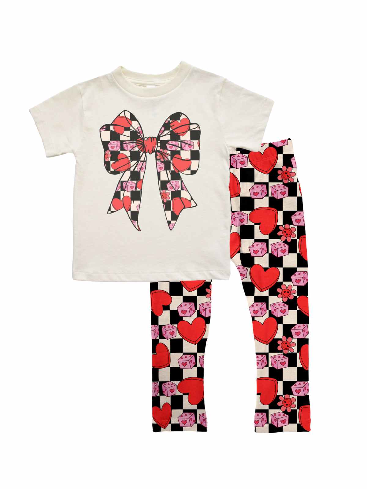 Girls Valentine outfit featuring a natural-colored retro Coquette Bow shirt with checkered hearts, pink dice, and flowers, paired with matching black leggings with red hearts and pink dice, displayed flat on a white background.