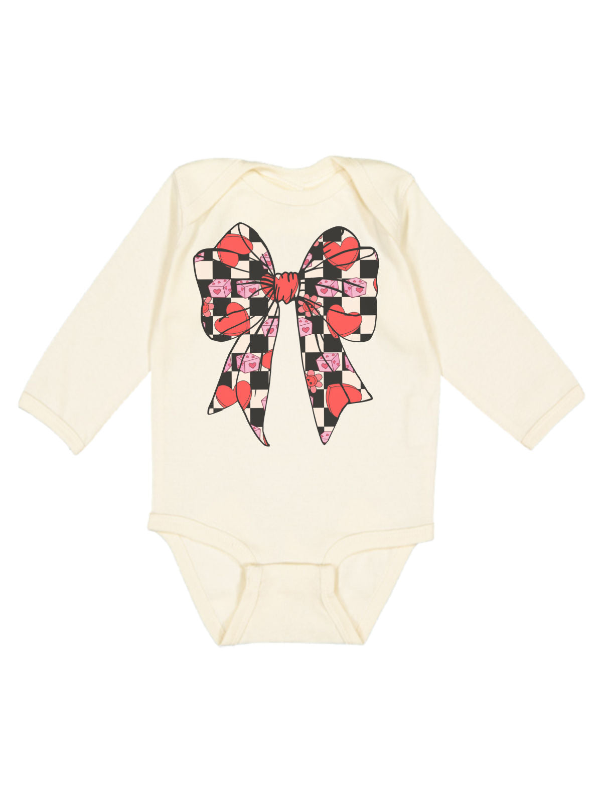 Retro Checkered Coquette Valentine Bow Long Sleeve Infant Bodysuit in Natural for baby girls.