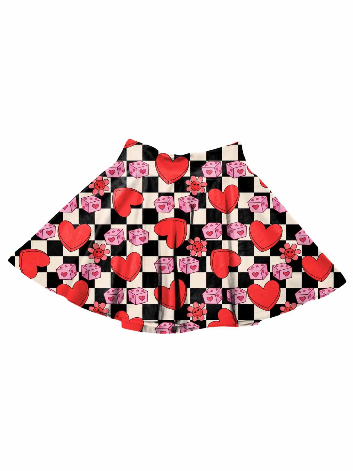 Girls Valentine skater skirt featuring a retro checkered design with red hearts, pink dice, and flowers, made from custom double-brushed poly fabric, displayed flat on a white background.