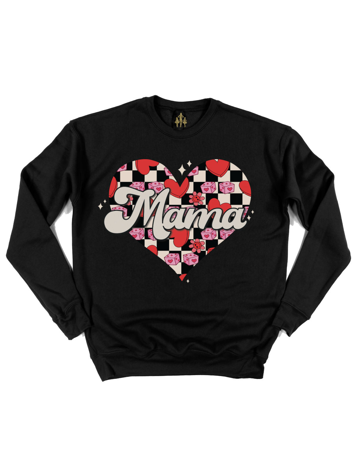 Black "Mama" Valentine’s Day sweatshirt featuring a retro checkered heart design with red hearts, pink dice, and flowers, displayed flat on a white background.