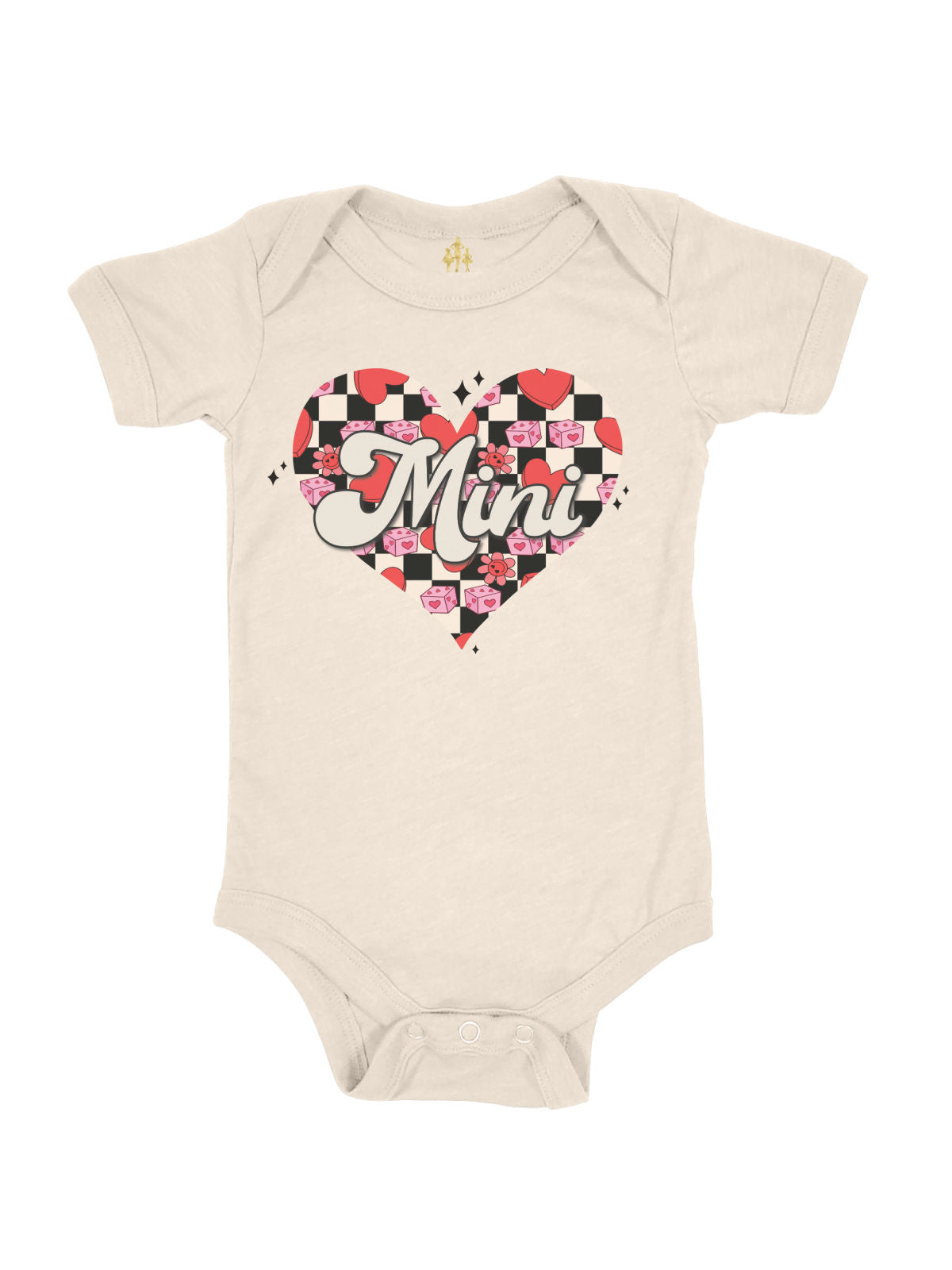 Retro Checkered Mama and Mini matching shirts featuring a heart design with red hearts, pink dice, and flowers, displayed flat as an infant bodysuit, kids' t-shirt, and adult t-shirt in natural cotton.