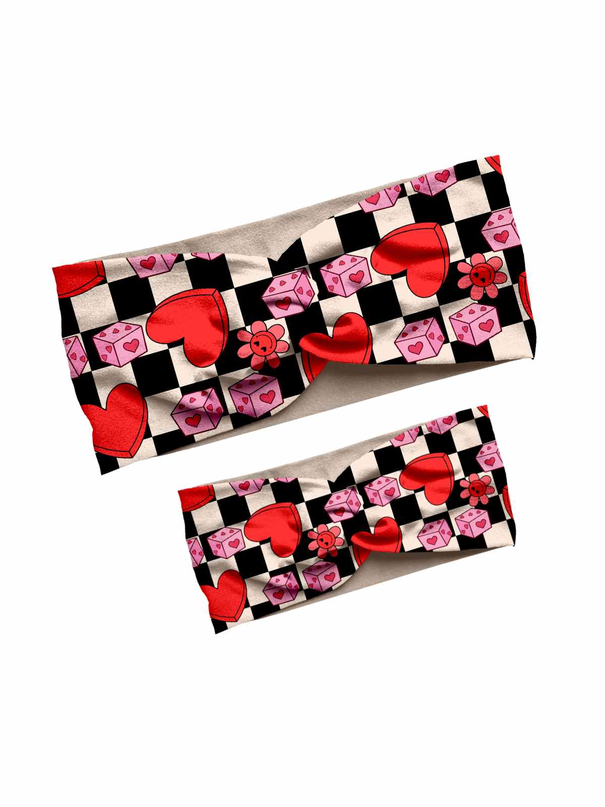 Retro checkered mommy and me Valentine headband set with heart, dice, and flower design in custom-printed fabric.