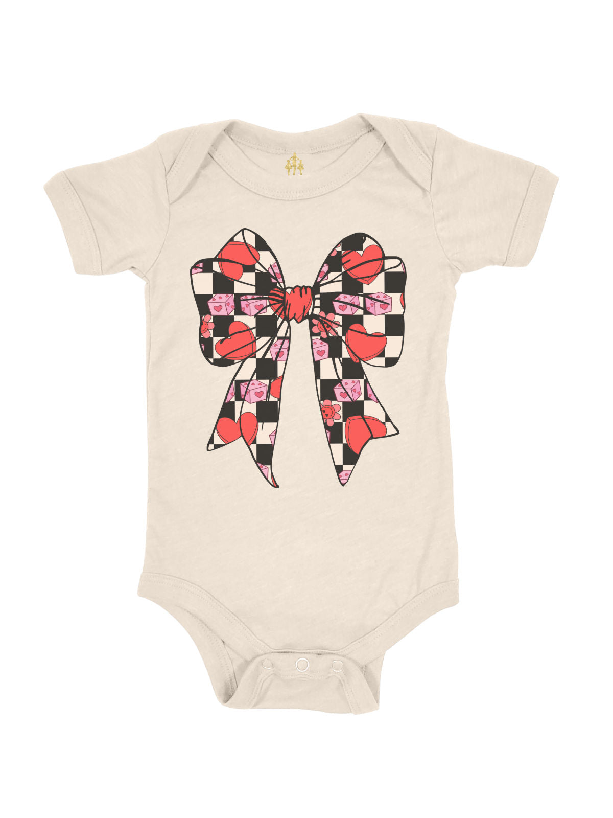 Retro Checkered Valentine Coquette Bow Baby Bodysuit in Natural with short sleeves for girls.