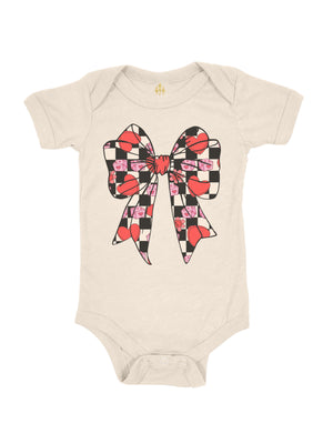 Retro Checkered Valentine Coquette Bow Baby Bodysuit in Natural with short sleeves for girls.