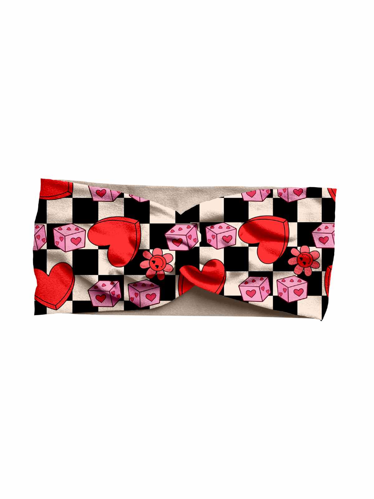 Retro checkered mommy and me Valentine headband set with heart, dice, and flower design in custom-printed fabric.