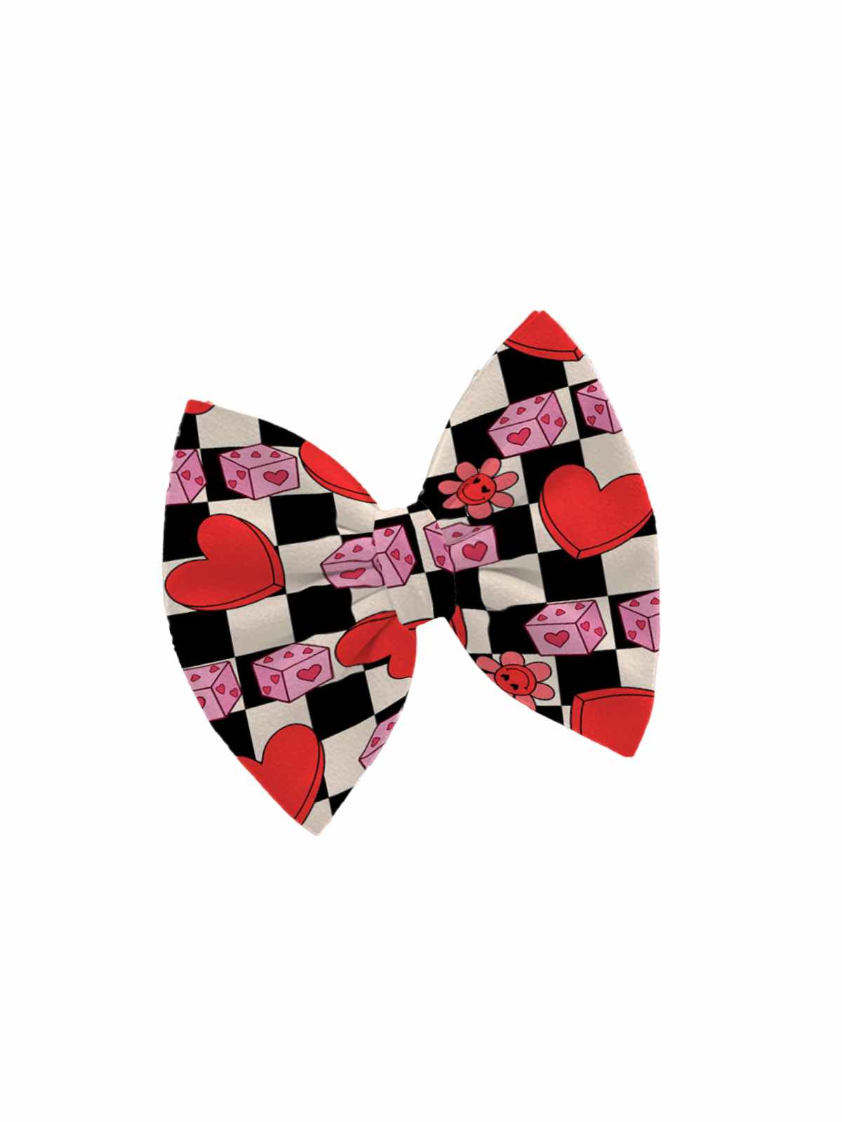 Girls Valentine’s Day hair bow featuring a checkered design with red hearts, pink dice, and flowers, handmade from custom-printed fabric in the USA, displayed flat on a white background.