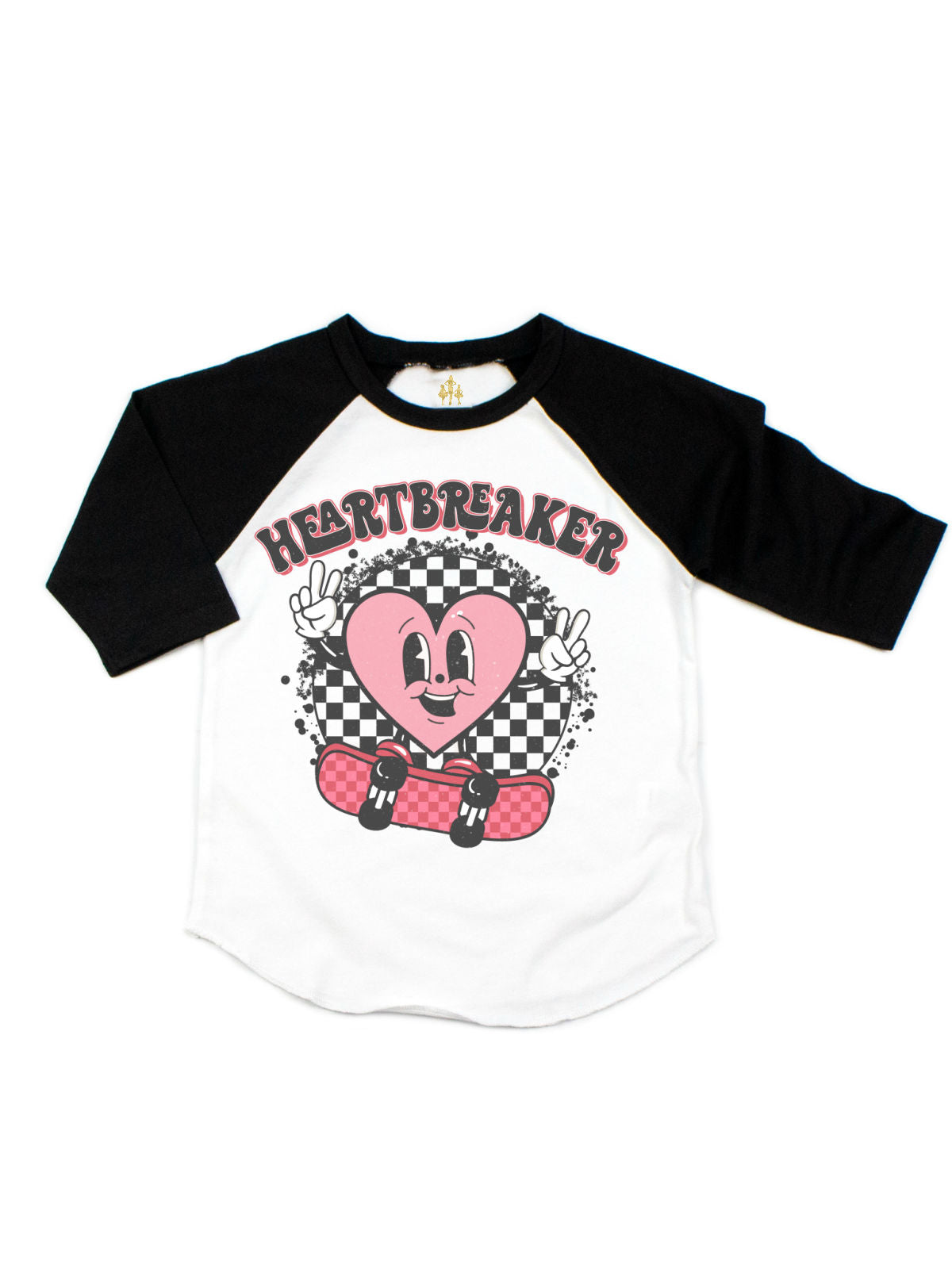 Heartbreaker boys' Valentine raglan shirt with retro heart skateboard design and checkered background