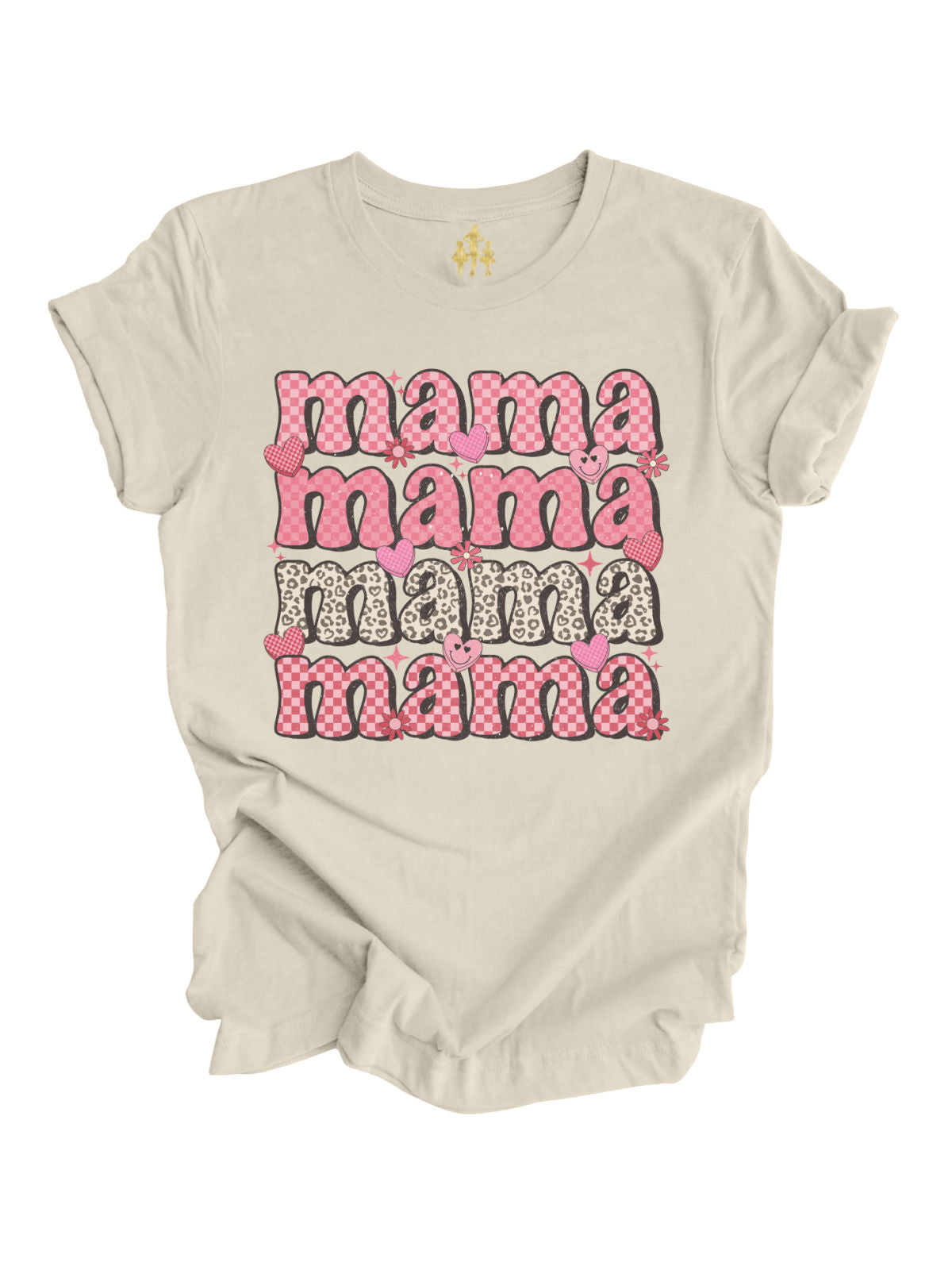 Retro Mama Valentine T-Shirt in natural color with checkered and leopard-print Mama lettering, hearts, smiley faces, and flowers design.