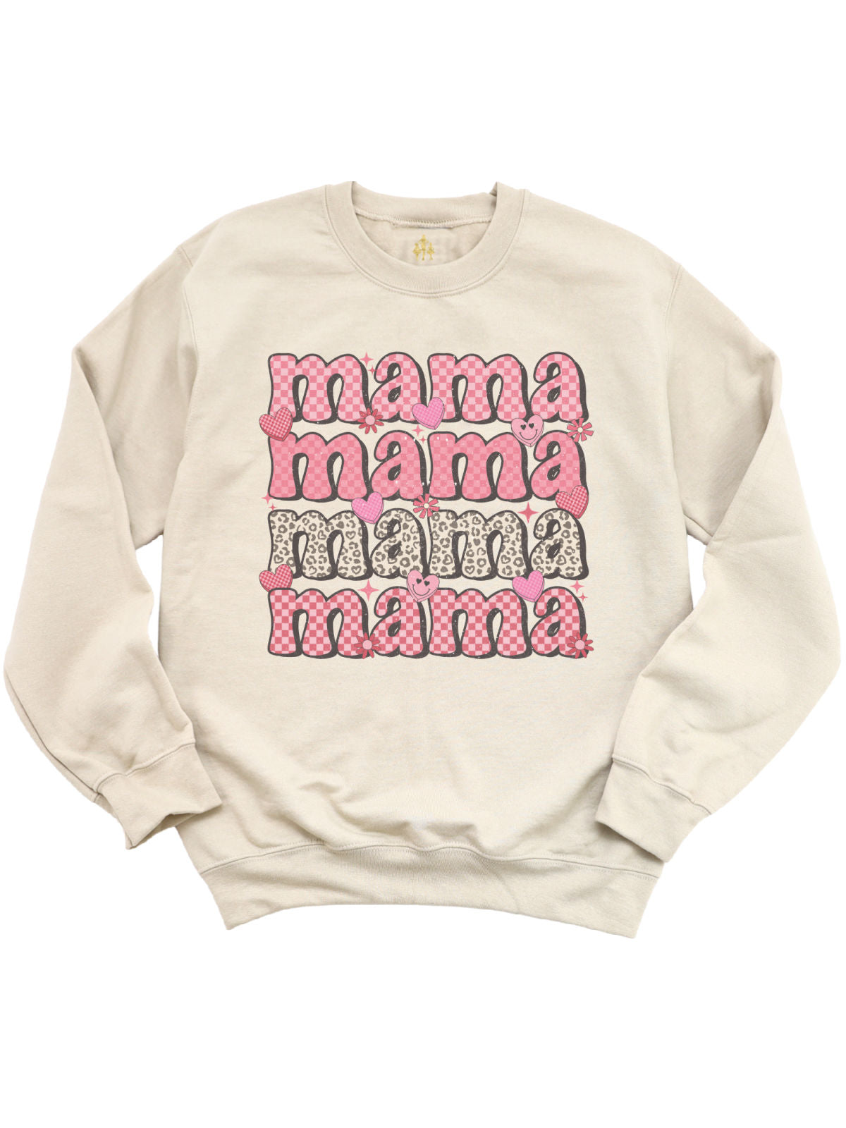 Retro Mama Valentine's Day sweatshirt in natural sand color with checkered and leopard-print Mama lettering, hearts, smiley faces, and flowers design.