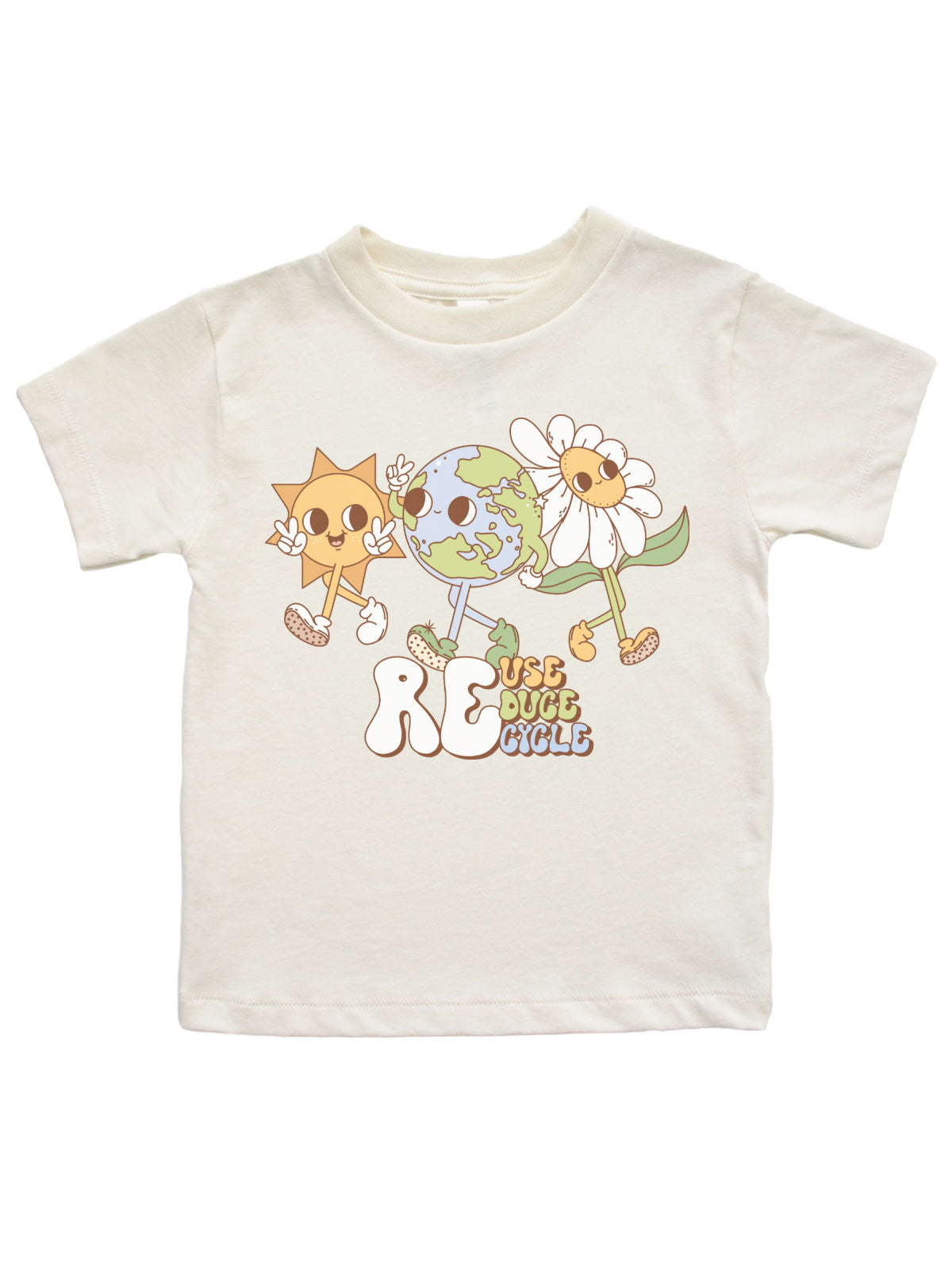 Reuse Reduce Recycle kids Earth Day shirt in natural with Earth, sun, and flower characters