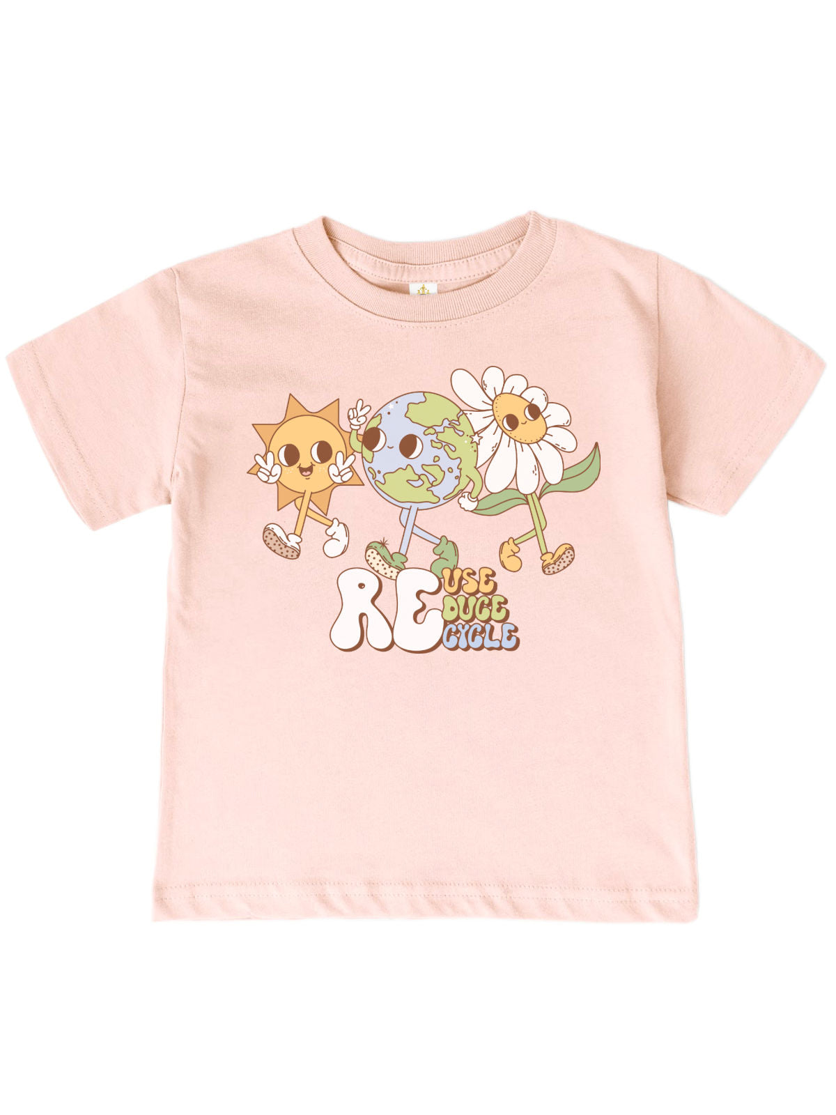 Blush Reuse Reduce Recycle kids Earth Day shirt with playful Earth, flower, and sun

