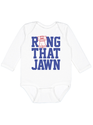 A white long-sleeve baby bodysuit with a graphic print on the chest reading 'RONING THAT JAWN' in blue block letters, with a small red Liberty Bell illustration integrated into the lettering.