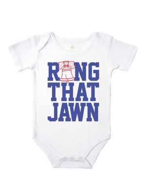 A white short-sleeve baby bodysuit with a graphic print reading 'RONG THAT JAWN' in blue block letters, with a red outline of the Liberty Bell replacing the letter O, shown on a plain white background.