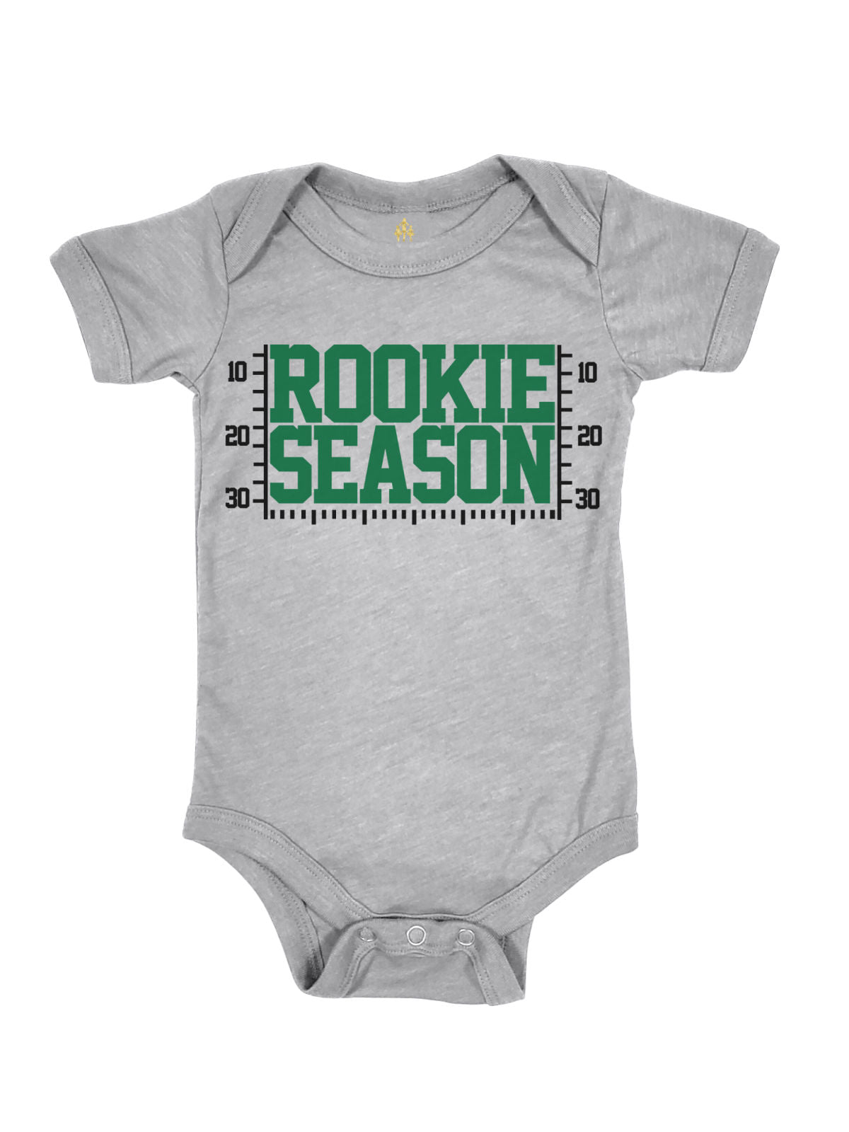 A light heather gray short-sleeve baby bodysuit featuring a green and black football-style 'ROOKIE SEASON' graphic on the chest, displayed against a solid white background.