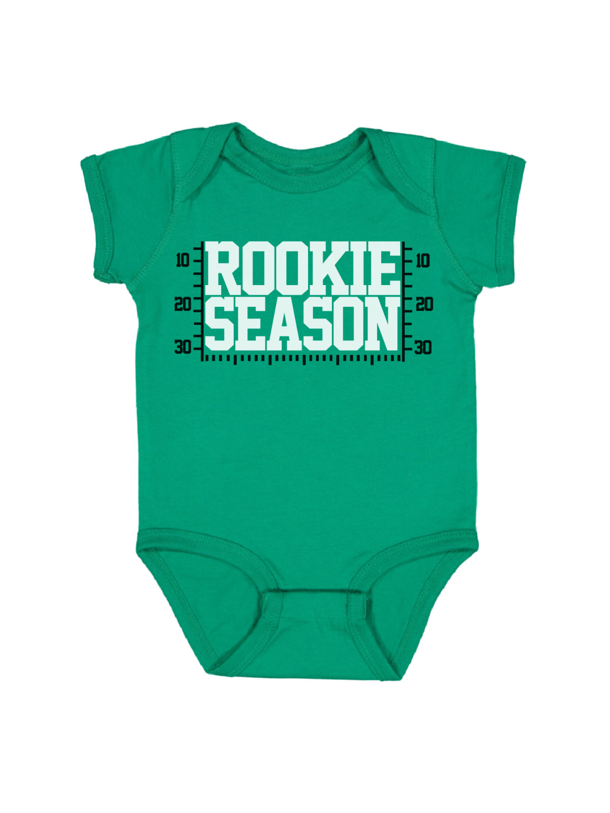 A light heather gray short-sleeve baby bodysuit featuring a green and black football-style 'ROOKIE SEASON' graphic on the chest, displayed against a solid white background.