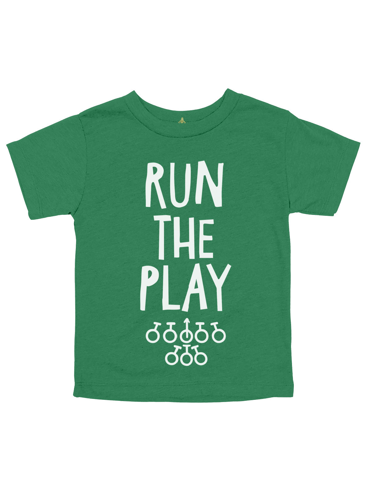 A green short-sleeve kids' t-shirt with 'RUN THE PLAY' printed in white block letters and bicycle graphics underneath, shown flat on a white background.