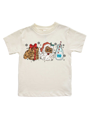 Santa, cookies, and milk Kids Christmas shirt in Natural, short sleeve