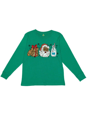 Green long sleeve kids shirt with cookies, Black Santa, and milk.