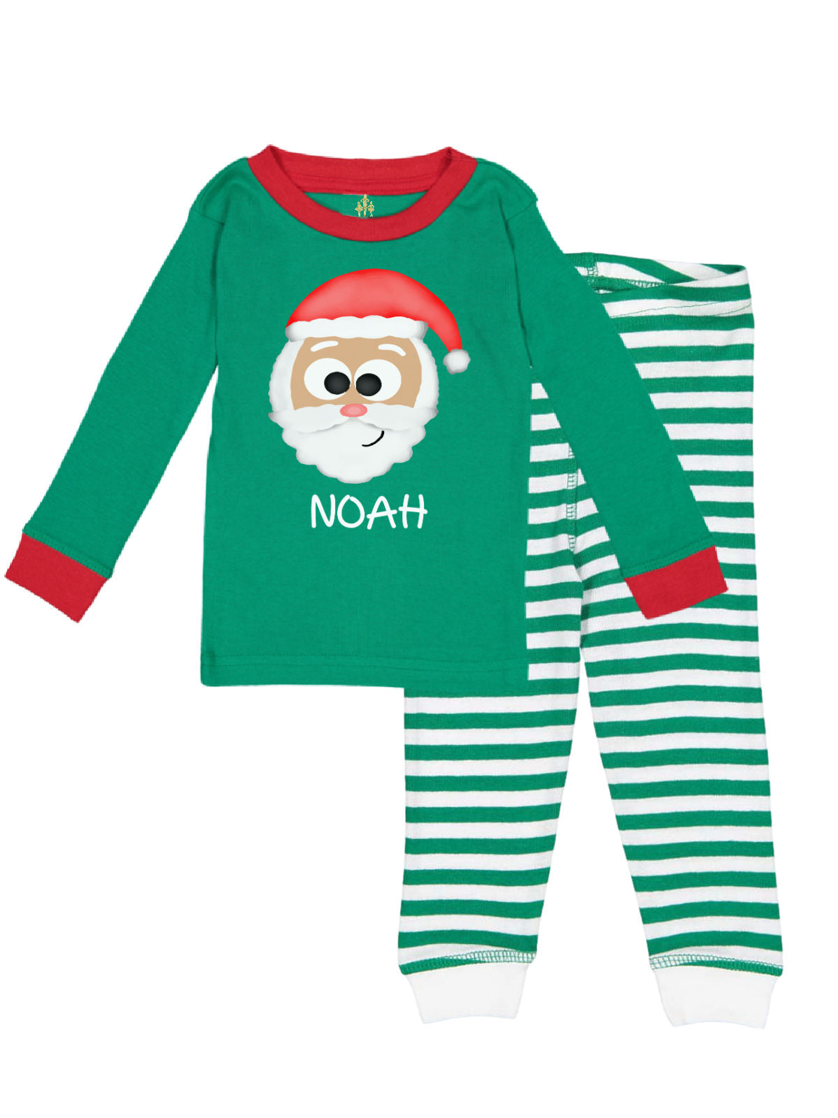 Boy wearing personalized green and red holiday pajamas