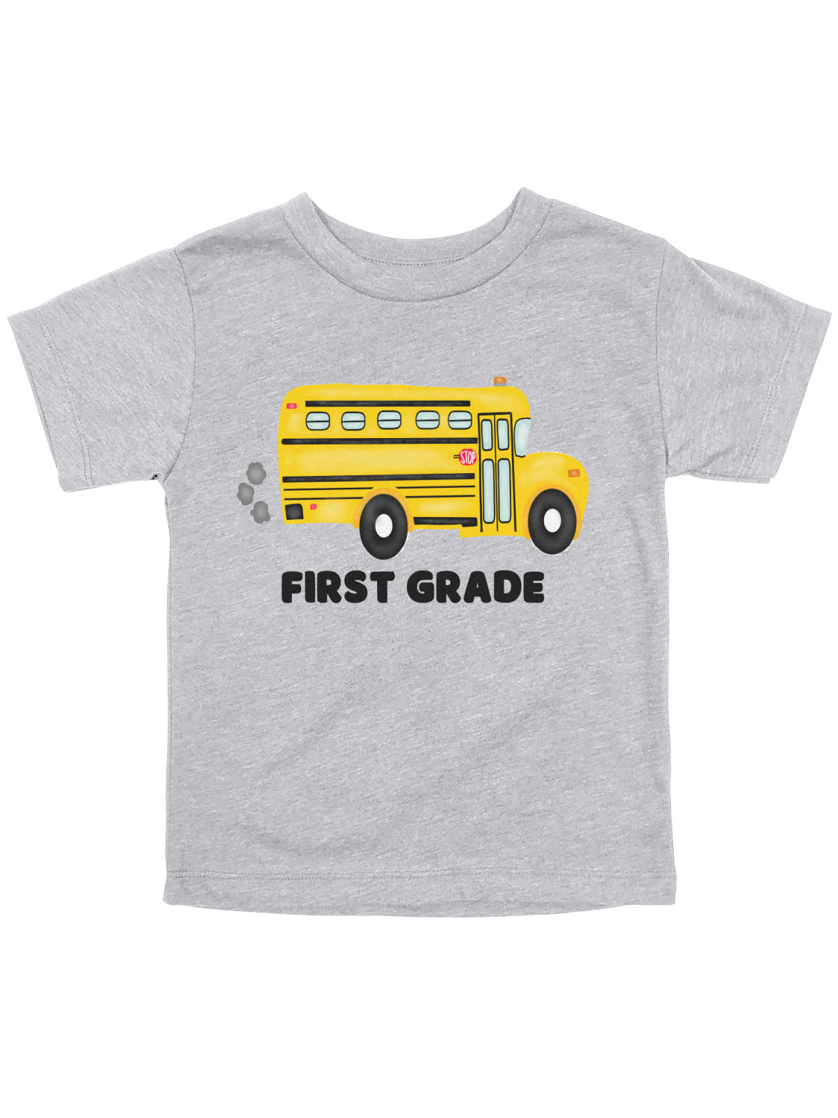 Gray kids t-shirt with yellow school bus and first grade text – back to school shirt by MMofPhilly