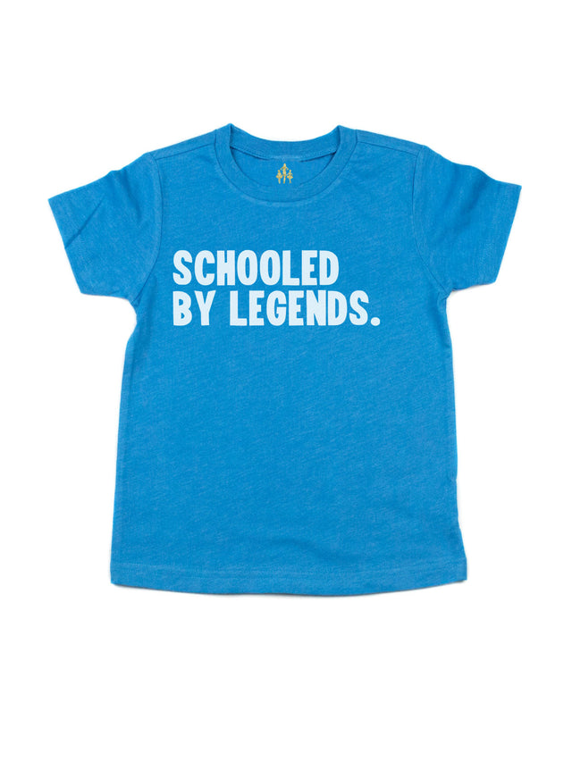 Blue "Schooled by Legends" children's tee celebrating historic women