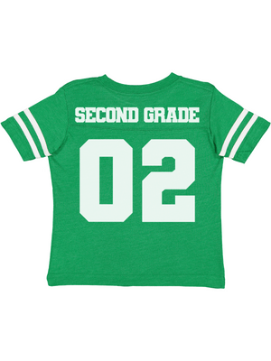 Second grade and fifth grade football back to school jersey shirts in green, black, and camo by Mackenzie Madison of Philadelphia