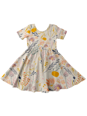 Short Sleeve Girls Fall Dress in Wispy Fields Fall Print