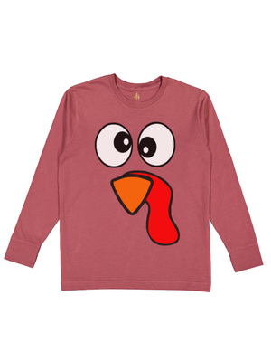 Silly Turkey Face Kids Long Sleeve Thanksgiving Day Shirt in Rouge