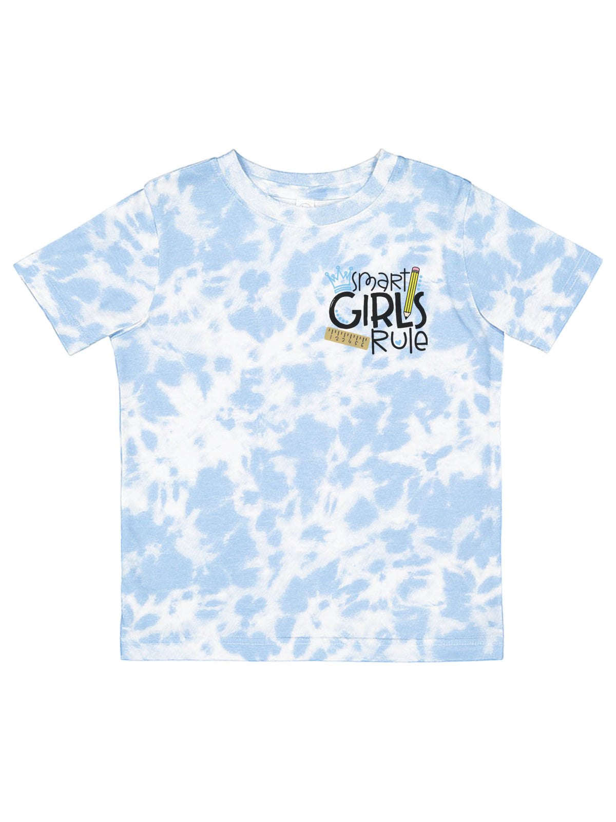 Blue and white tie dye girls t-shirt with “Smart Girls Rule” text, pencil, ruler, and crown – back to school shirt by MM of Philly