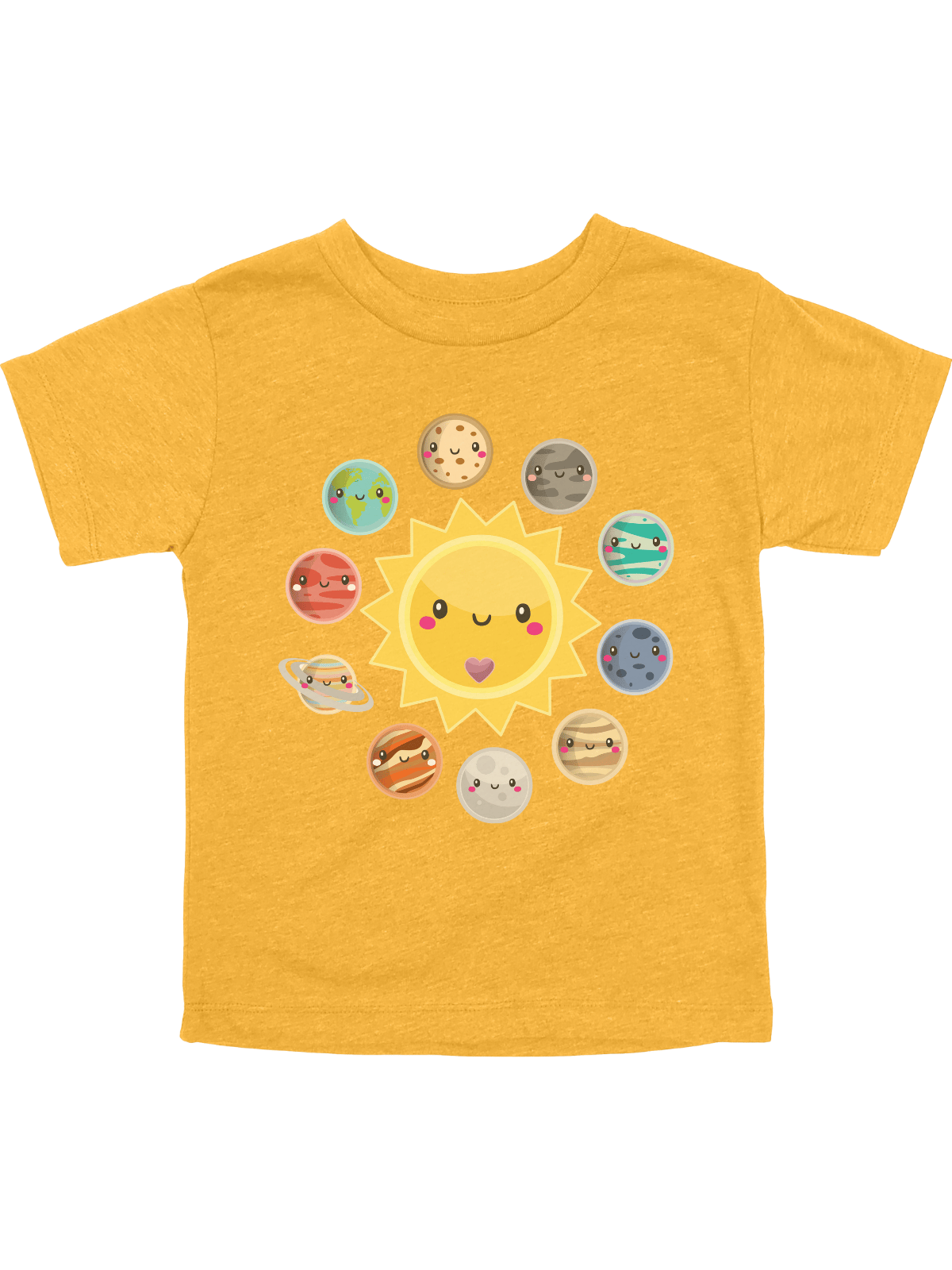Cute yellow kids solar system shirt with smiling sun and planets by Mackenzie Madison of Philadelphia