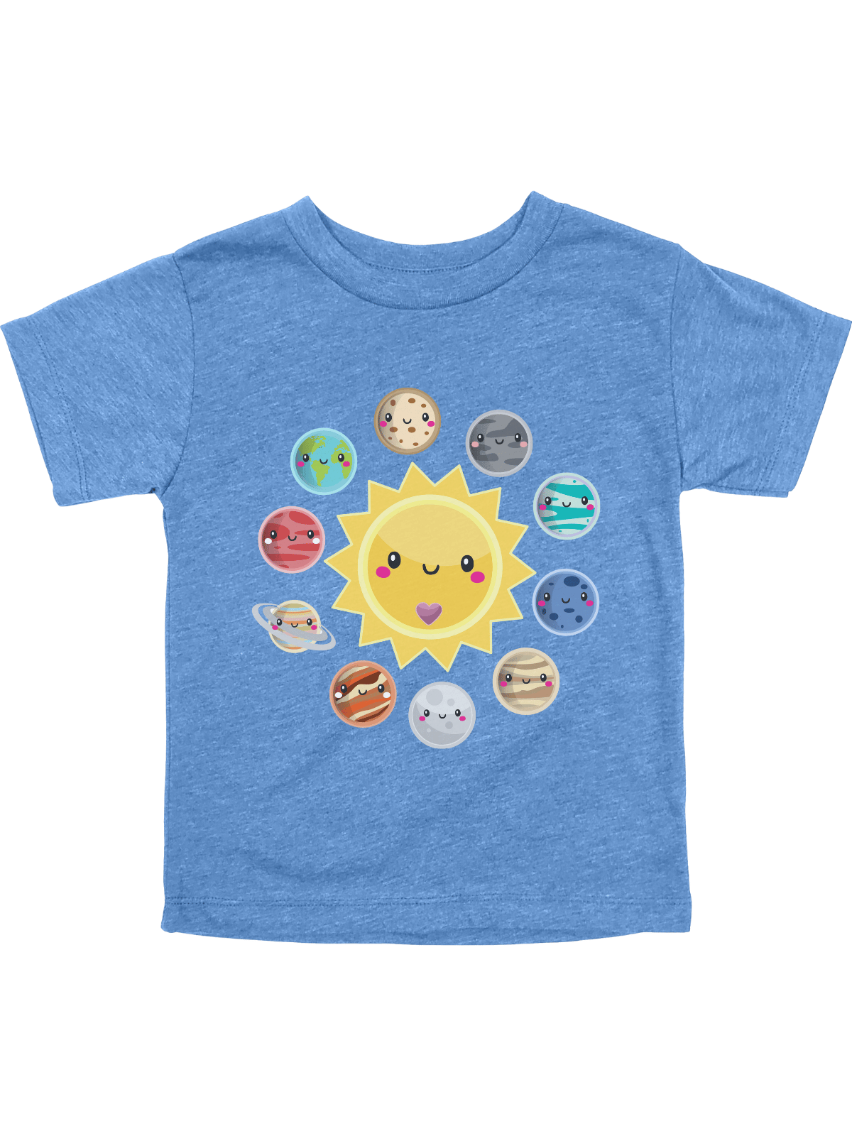 Heather blue kids shirt with cartoon solar system planets and smiling sun